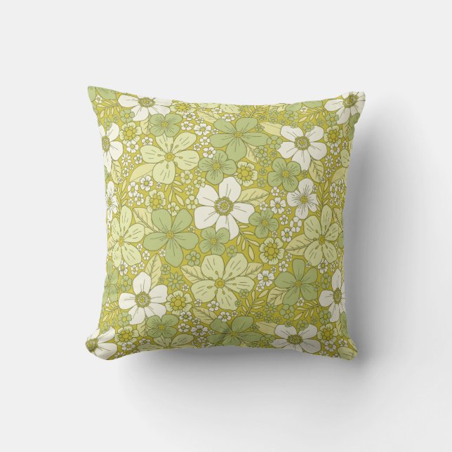 Almofada Padrão de Flor Verde e Amarelo do Pastel (Frente)