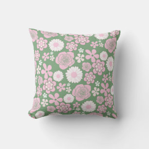 Almofada Padrão de Flor Y2K 70s - Cor-de-rosa Verde