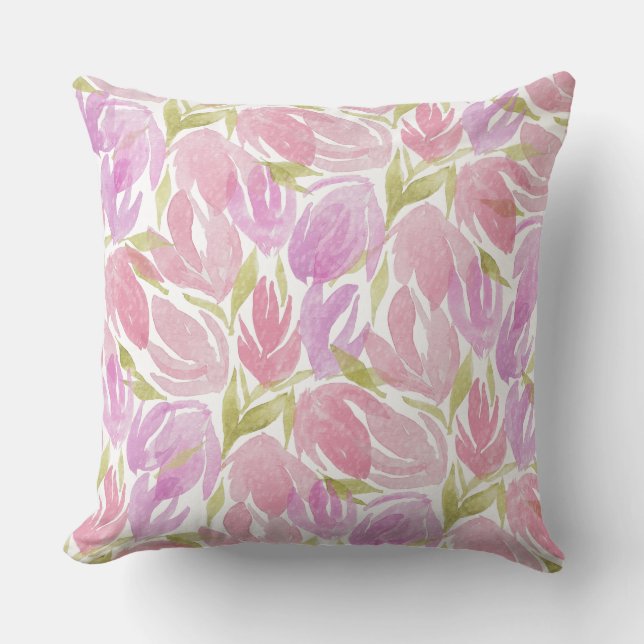 Almofada Padrão de Flores de Aquarela Rosa Fúcsia Roxo (Frente)