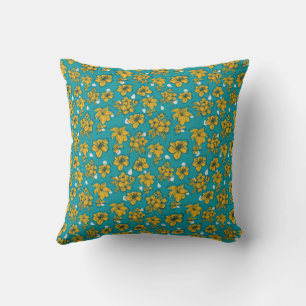 Almofada Padrão de Flores de Teal Amarelo