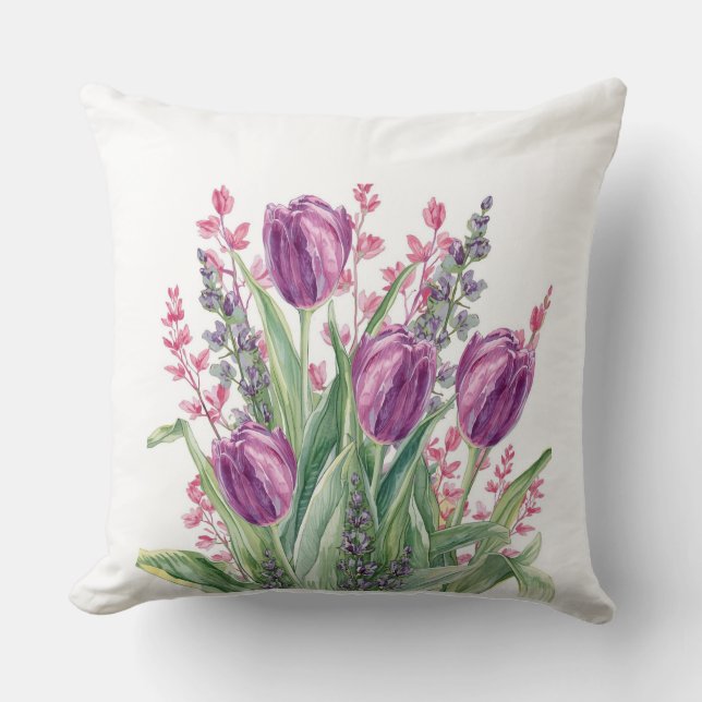 Almofada Padrão de Flores de Tulipa Roxa Elegante  Listras  (Frente)