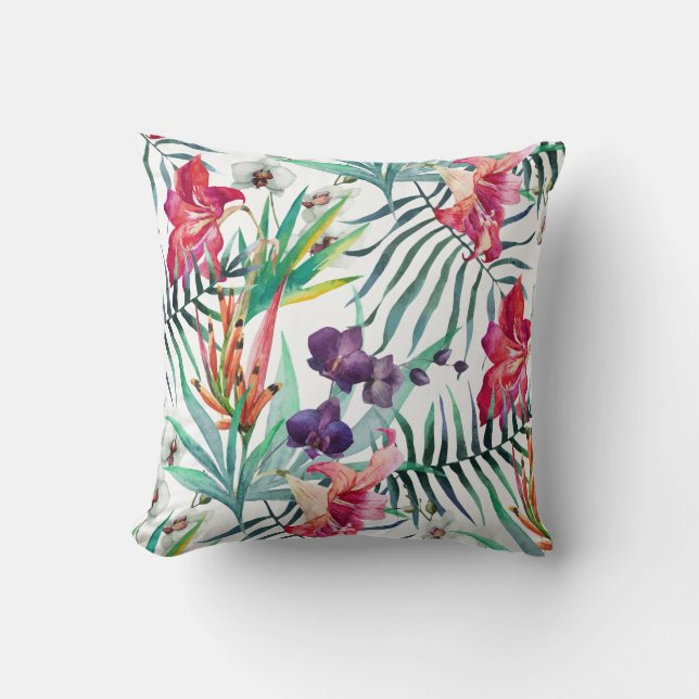 Almofada Padrão de Flores e Folhagens Tropicais Vibrantes (Frente)