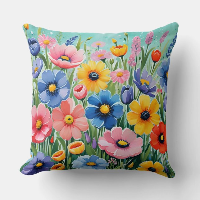 Almofada Padrão de Flores Vibrantes de Primavera em Aquarel (Frente)