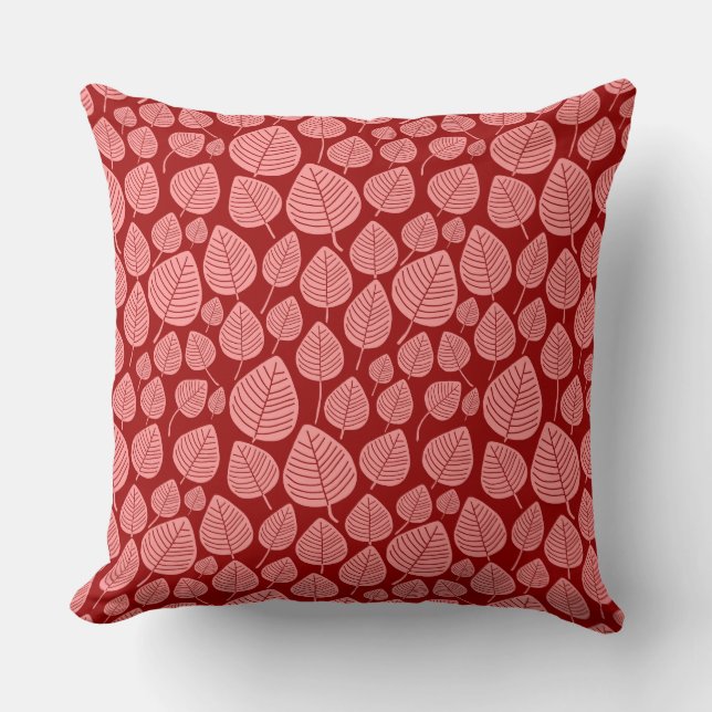 Almofada Padrão de Folha 02 - Rosa Suave no Vermelho Ruby (Frente)