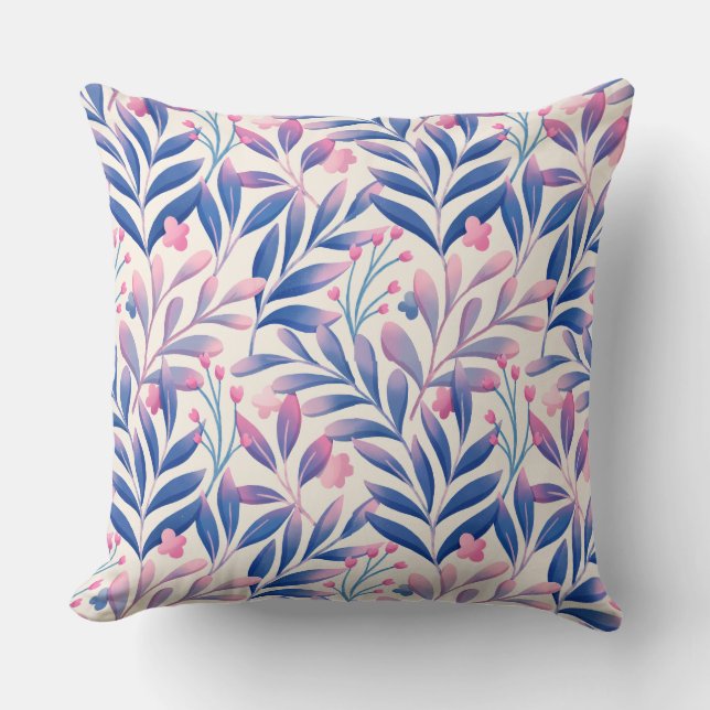 Almofada Padrão de Folha Cor-de-Rosa Azul Elegante (Frente)