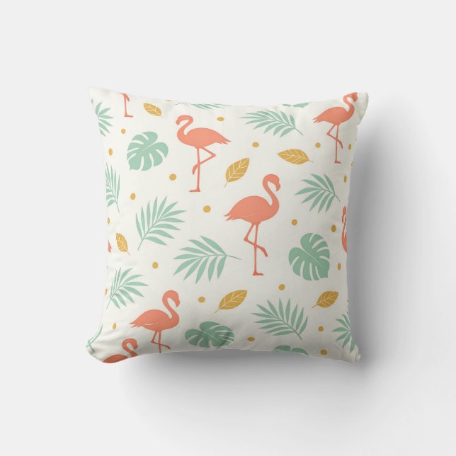 Almofada Padrão de Folha Tropical Flamingo Coral (Frente)