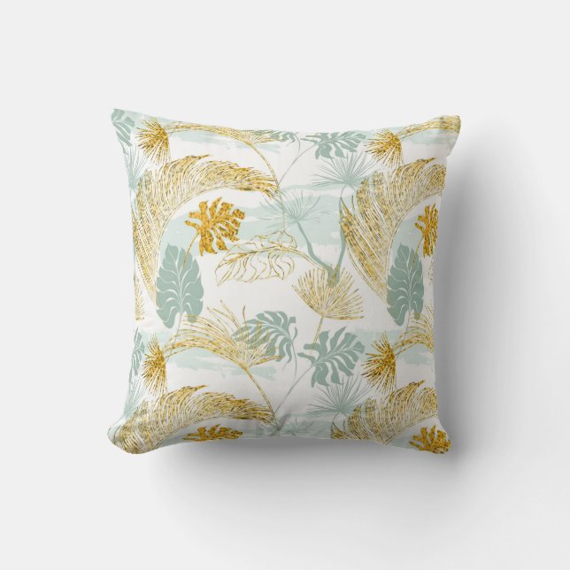 Almofada Padrão de Folhas Azul e Amarelo Elegante (Frente)