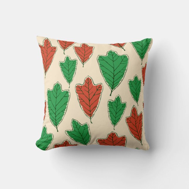 Almofada Padrão de Folhas de Carvalho Vermelho e Verde Cont (Frente)