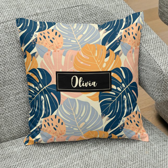 Almofada Padrão de Folhas Tropicais Boho Colorido (Criador carregado)