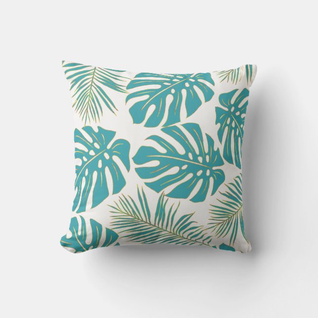 Almofada Padrão de folhas tropicais de monstera azul-teal (Frente)