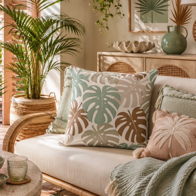 Almofada Padrão de Folhas Tropicais Monstera em Tons Terros (Criador carregado)