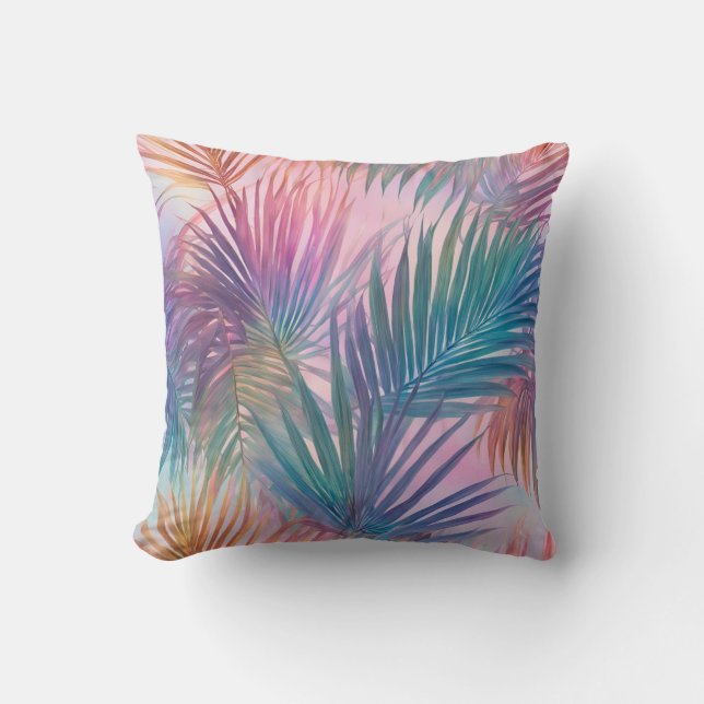 Almofada Padrão de Folhas Tropicais Rosa Pastel Suave (Frente)