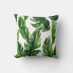 Almofada Padrão de Folhas Tropicais Verde de Aquarela