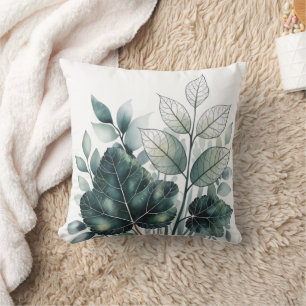 Almofada Padrão de Folhas Tropicais Verde de Aquarela