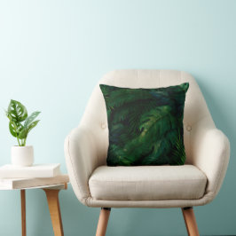 Almofada Padrão de Folhas Tropicais Verdes Escuras