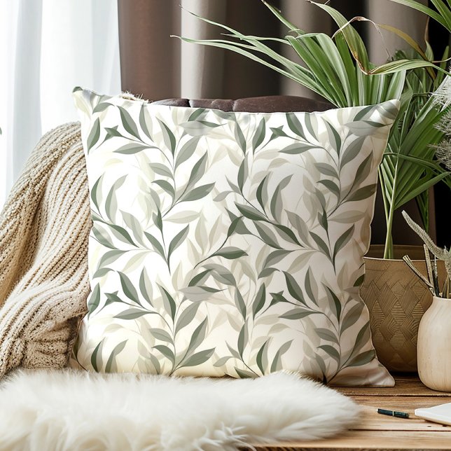 Almofada Padrão de Folhas Verde Sálvia Elegante (Green leaves decorator pillow)