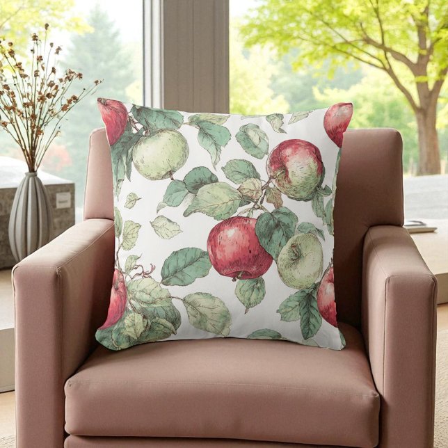 Almofada Padrão de Fruta de Maçã Verde Vermelha Russo de Aq (Red Green Apple Fruit Pattern Watercolor Rustic Throw Pillow)