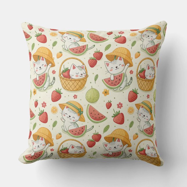 Almofada Padrão de Gato de Frutas de Verão - Design de Piqu (Frente)