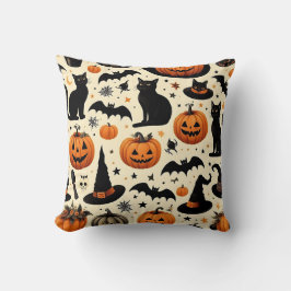 Almofada Padrão de Gato Preto e Abóbora com Tema de Hallowe