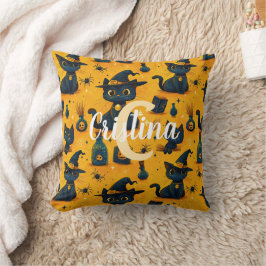 Almofada Padrão de Gatos Pretos Fofos Laranja no Halloween