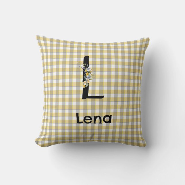 Almofada Padrão de gingão de flor monograma amarelo cinza (Frente)