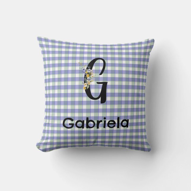 Almofada Padrão de gingham de flor de monograma azul verde (Frente)