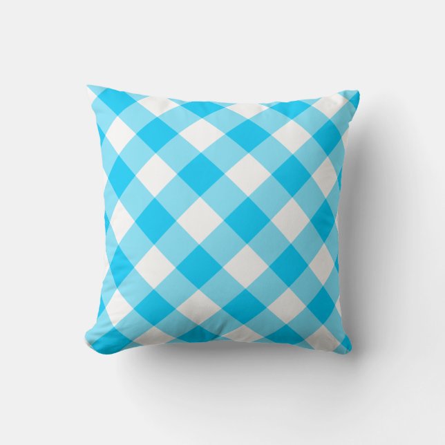 Almofada Padrão de Gingham Diagonal Branco e Azul Aqua (Frente)