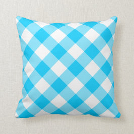 Almofada Padrão de Gingham Diagonal Branco e Azul Aqua