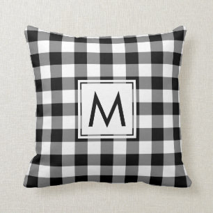 Almofada Padrão de Gingham Preto e Branco, Monograma Perso