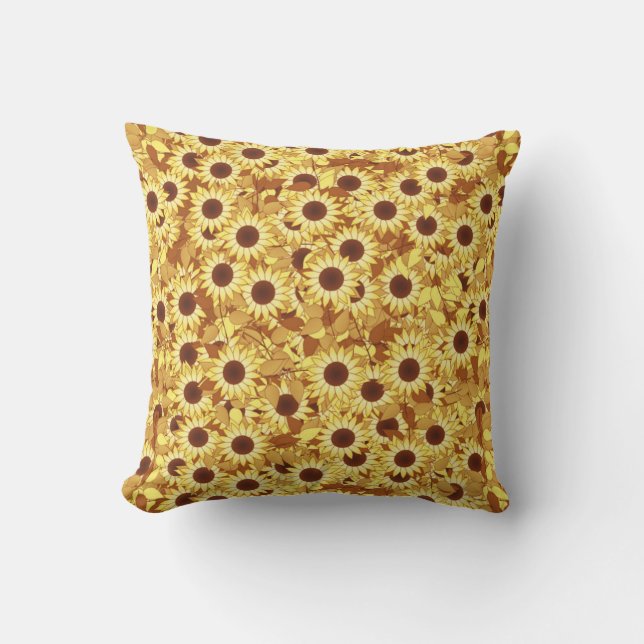 Almofada Padrão de Girassol, Dourado, Amarelo e Marrom (Frente)