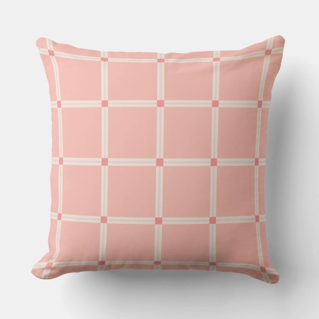 Almofada Padrão de Grade Rosa Suave com Acento Coral (Frente)