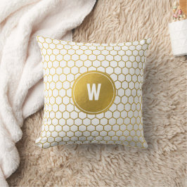 Almofada Padrão de Hexágono Branco e Dourado Monograma Inic