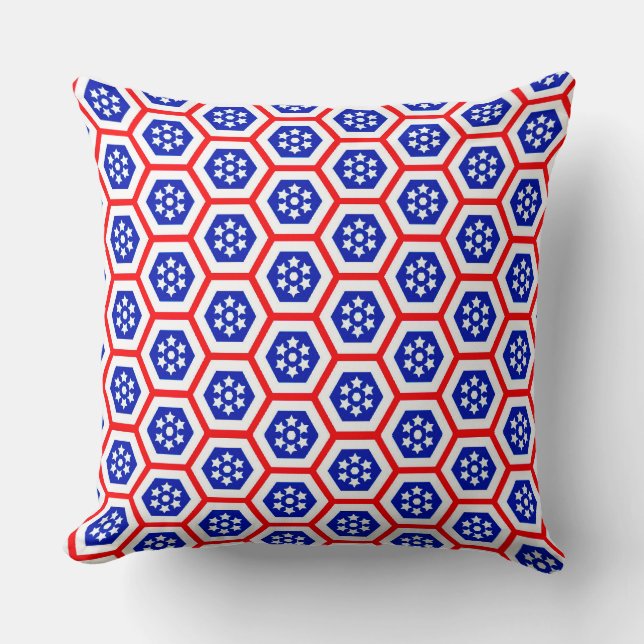 Almofada Padrão de hexágonos branco-vermelho e azul (Frente)