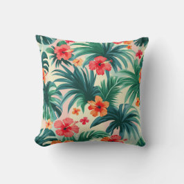 Almofada Padrão de Hibisco Tropical e Folhas de Palma