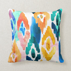 Almofada Padrão de Ikat Abstrato de Aquarela Verde Azul