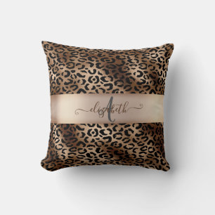 Almofada Padrão de Leopardo Bronze Preto Monograma