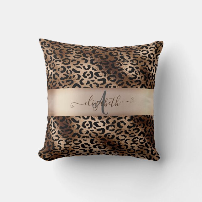 Almofada Padrão de Leopardo Bronze Preto Monograma (Frente)