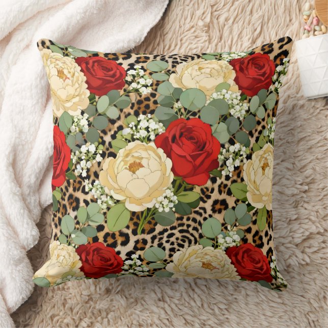 Almofada Padrão de Leopardo de Luxo & Rosa Vermelha (Cobertor)