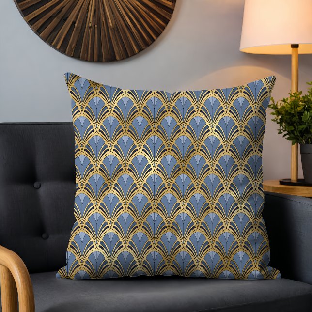 Almofada Padrão de Leque Art Déco em Azul e Dourado (Criador carregado)