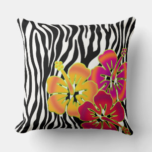 Almofada Padrão de listras de zebra + flores de hibisco