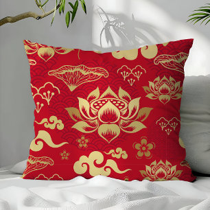 Almofada Padrão de Lótus Dourado Vermelho Asiático Chinês O