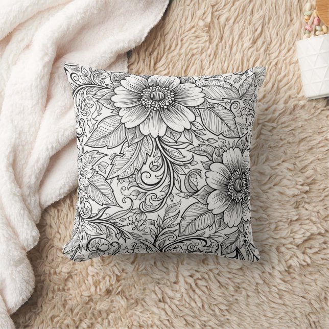 Almofada Padrão de Luxo Floral Monocromático Chic (3) (Cobertor)