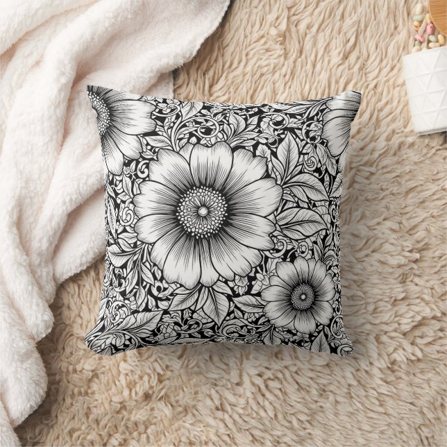 Almofada Padrão de Luxo Floral Monocromático Chic (7) (Cobertor)