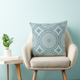 Almofada Padrão de Mandala Abstrato em Verde-Azul e Marfim