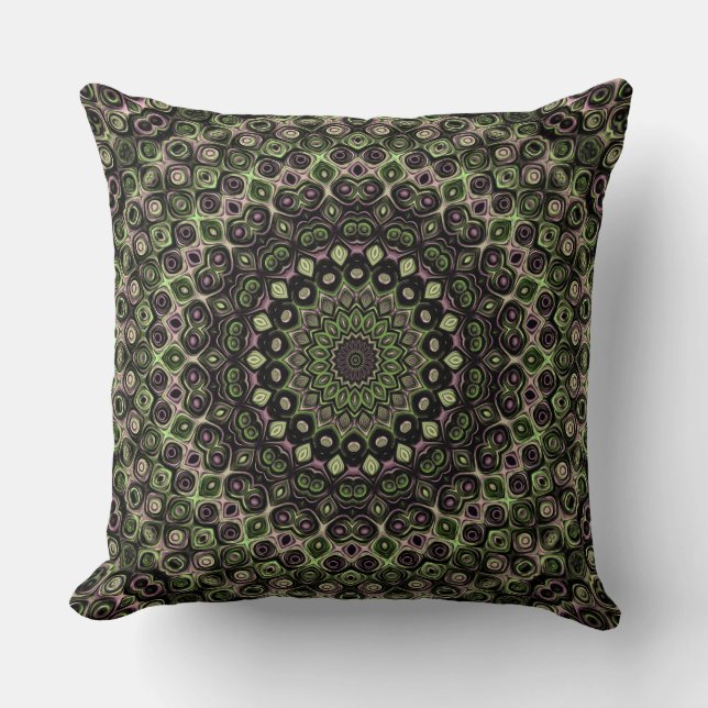 Almofada Padrão de Mandala Caleidoscópio Verde e Preto (Frente)