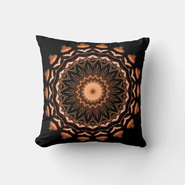 Almofada Padrão de Mandala de Cobre e Preto 1 (Frente)