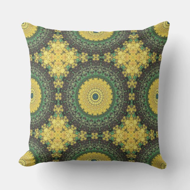 Almofada Padrão de Mandala em Caleidoscópio Amarelo e Verde (Frente)