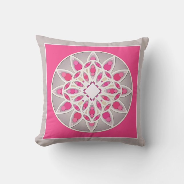 Almofada Padrão de Mandala em cor rosa, branco e cinza fuch (Frente)