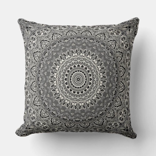 Almofada Padrão de Mandala Geométrico Preto e Branco (Frente)