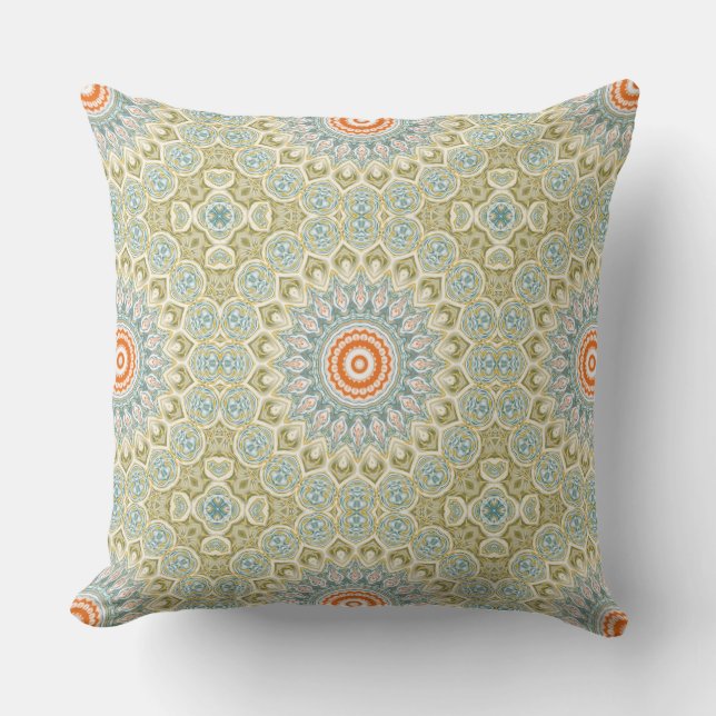 Almofada Padrão de Mandala Laranja e Azul Turquesa com Acen (Frente)